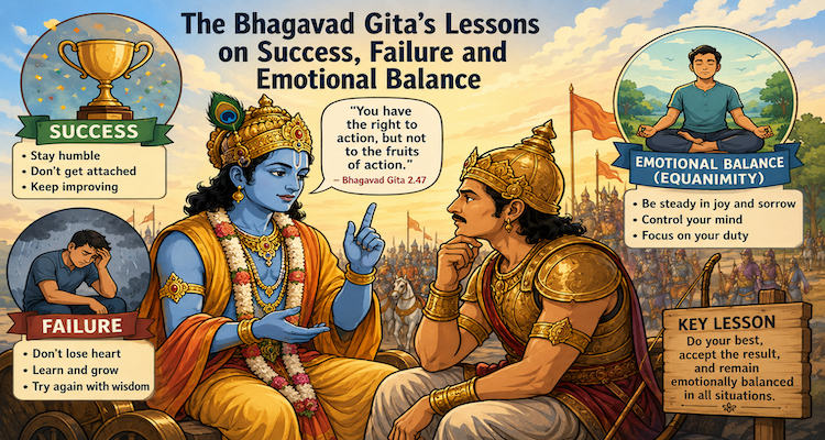 Symbolic depiction of Arjuna and Krishna in conversation on the battlefield of Kurukshetra, representing reflection on duty, success and emotional balance.