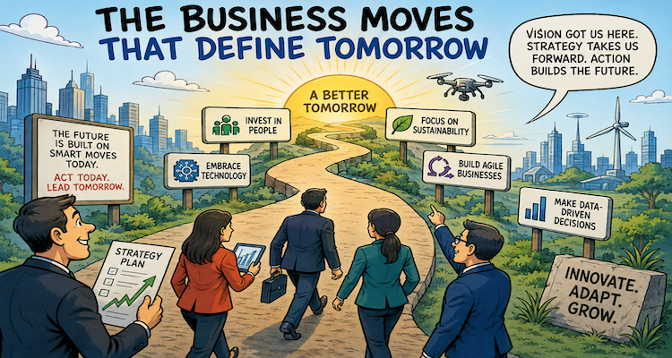 Business leaders reviewing AI, technology, energy and global market trends shaping future corporate strategy