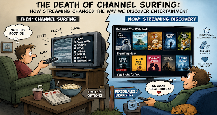 A viewer uses a television remote while streaming platform recommendations and entertainment thumbnails fill the screen.