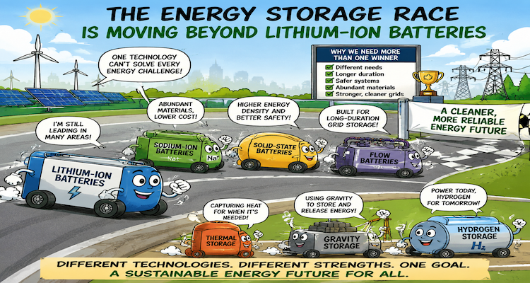 A modern energy storage facility showing different battery technologies supporting renewable energy systems.
