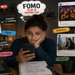 Person looking at a smartphone filled with social media posts while multiple lifestyle choices and notifications compete for attention.