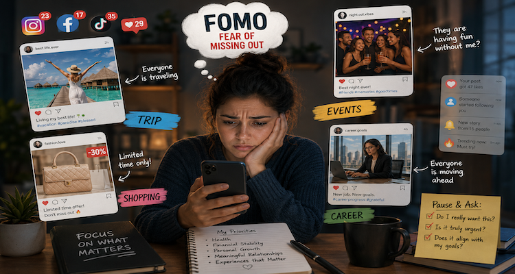 Person looking at a smartphone filled with social media posts while multiple lifestyle choices and notifications compete for attention.