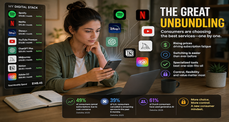 Consumer using multiple specialized digital apps and subscription services instead of relying on one all-in-one technology platform.