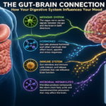 Medical illustration showing the digestive system and brain connected by neural and biological signaling pathways.