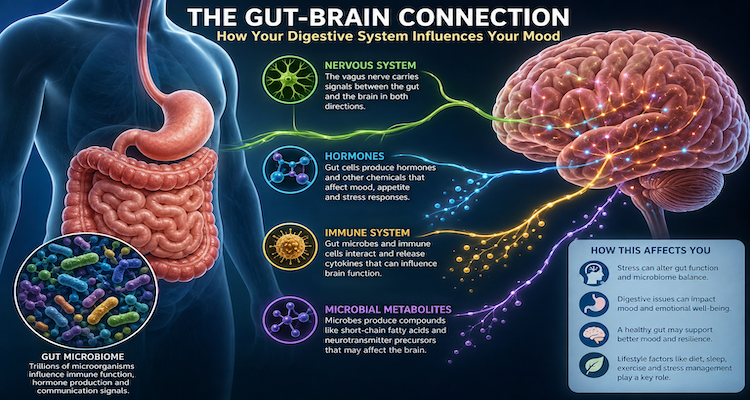 Medical illustration showing the digestive system and brain connected by neural and biological signaling pathways.