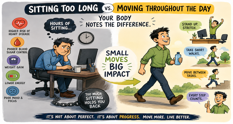 Office worker rising from a desk and walking beside a workspace to interrupt prolonged sitting and add movement to the workday.