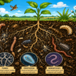 Cross-section of healthy soil showing plant roots, earthworms, fungi, microorganisms and layered underground ecosystems.