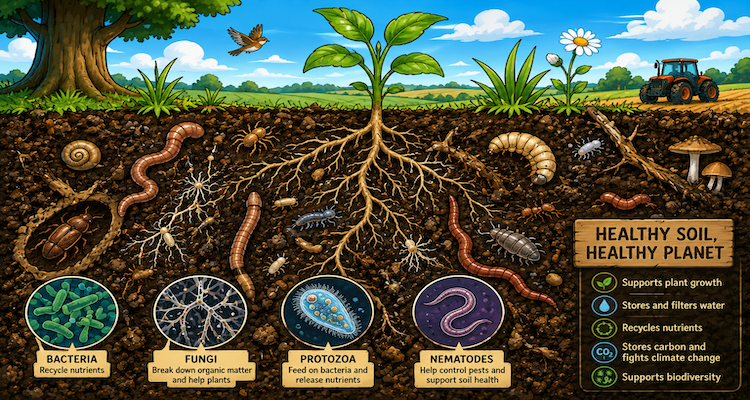 Cross-section of healthy soil showing plant roots, earthworms, fungi, microorganisms and layered underground ecosystems.