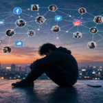 A person sitting alone at night surrounded by glowing smartphone and social media notifications, illustrating loneliness in a digitally connected world.