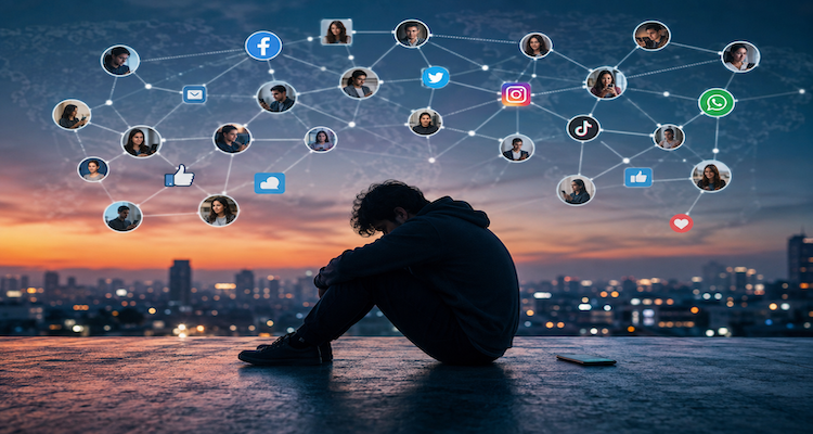 A person sitting alone at night surrounded by glowing smartphone and social media notifications, illustrating loneliness in a digitally connected world.