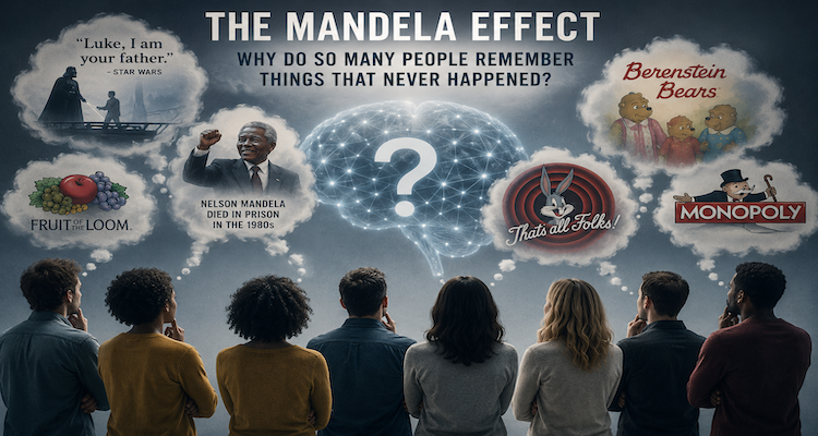 Conceptual illustration of multiple people remembering the same event differently, representing the Mandela Effect and collective false memory