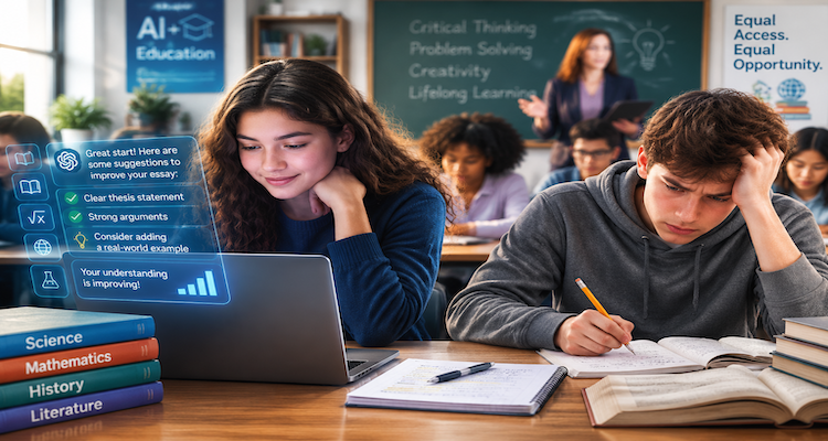 Students learning with AI-powered feedback tools alongside traditional classroom instruction.