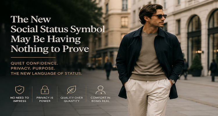A person in understated clothing walking confidently in a modern city, representing changing ideas of social status and quiet confidence.
