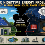Solar panels producing electricity during the day with battery storage supplying power to the grid after sunset