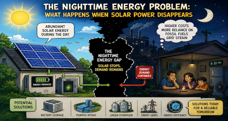 Solar panels producing electricity during the day with battery storage supplying power to the grid after sunset