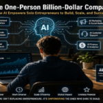 Solo entrepreneur at a workstation coordinating multiple AI-powered business workflows on connected digital screens.