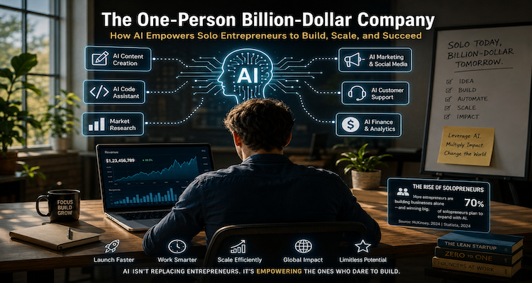 Solo entrepreneur at a workstation coordinating multiple AI-powered business workflows on connected digital screens.