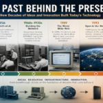 Historical timeline showing the evolution from early computers and transistors to the internet, smartphones and artificial intelligence