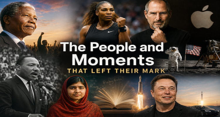 Symbolic collage of influential people and historic moments representing the lasting impact of human actions on society and memory