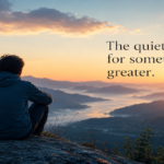 Person sitting quietly in nature at sunrise, reflecting on meaning, purpose and a sense of connection beyond the self