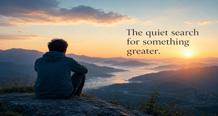 Person sitting quietly in nature at sunrise, reflecting on meaning, purpose and a sense of connection beyond the self