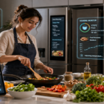 Home cook using an AI-powered kitchen assistant alongside connected appliances and fresh ingredients