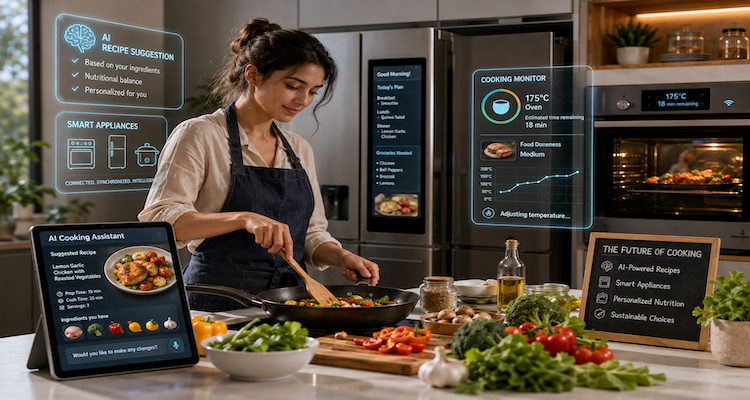 Home cook using an AI-powered kitchen assistant alongside connected appliances and fresh ingredients