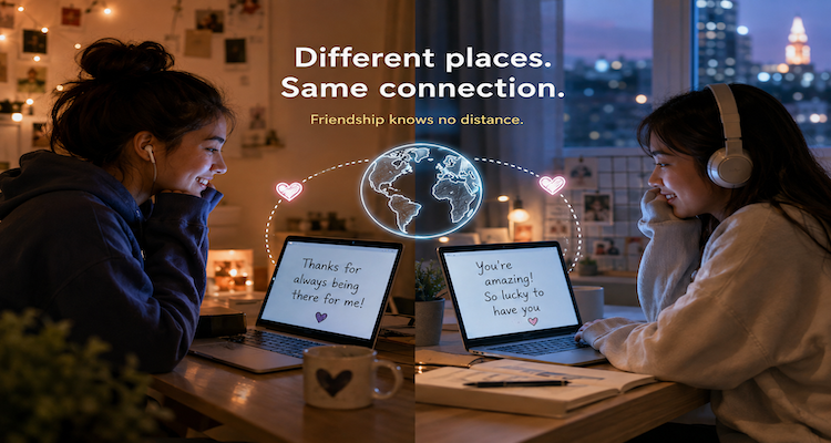 Two friends communicating through laptops and smartphones, representing a meaningful friendship maintained across physical distance.