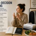Person organizing everyday routines and choices on a minimalist desk to illustrate low-decision living