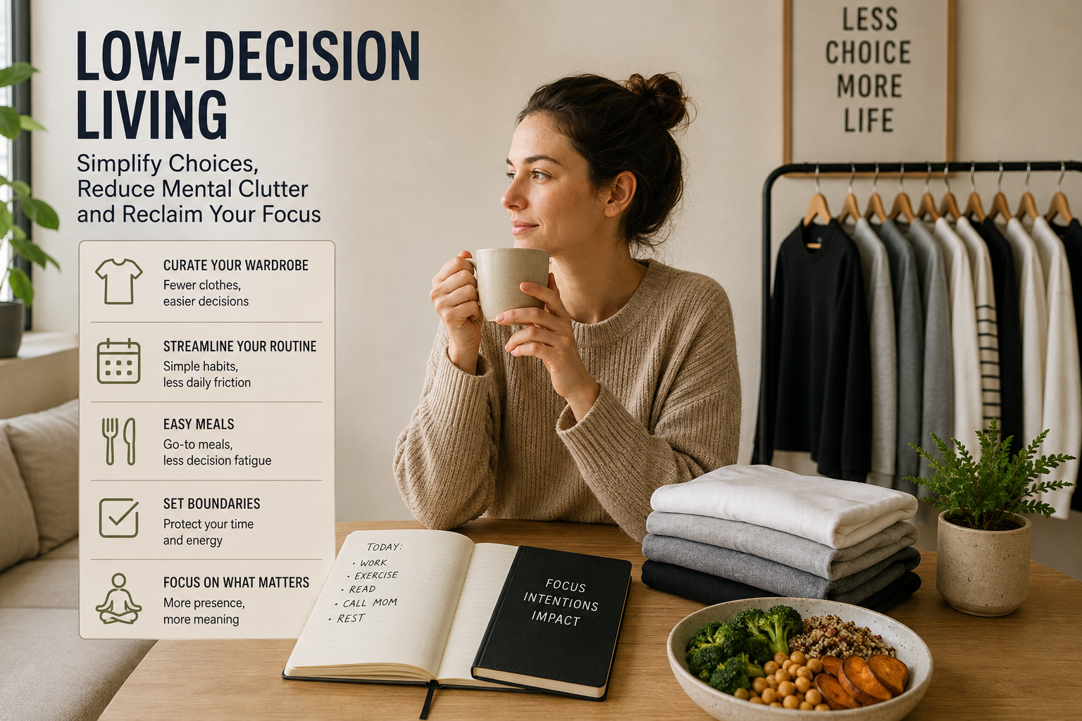 Person organizing everyday routines and choices on a minimalist desk to illustrate low-decision living