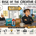A digital creator working in a modern office, surrounded by product packaging, business analytics and content production equipment.