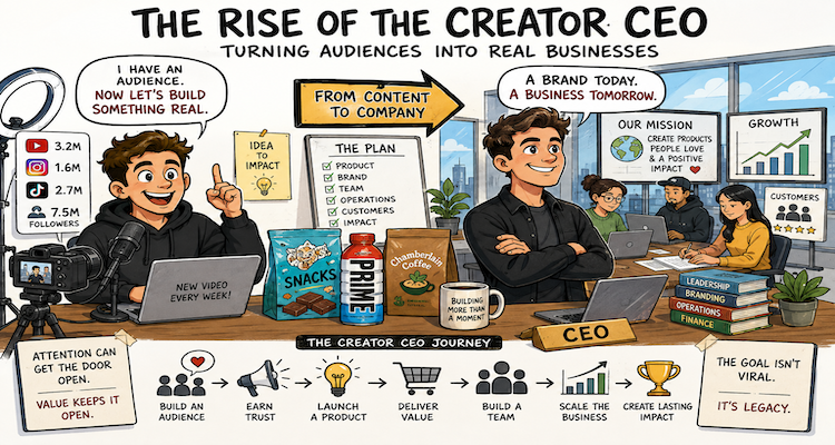 A digital creator working in a modern office, surrounded by product packaging, business analytics and content production equipment.