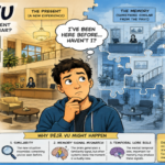 Conceptual illustration of a person experiencing déjà vu as a new scene blends with fragmented memories of familiar places.
