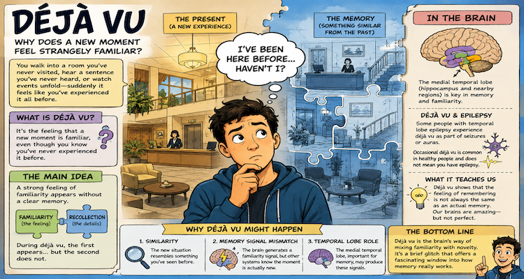 Conceptual illustration of a person experiencing déjà vu as a new scene blends with fragmented memories of familiar places.