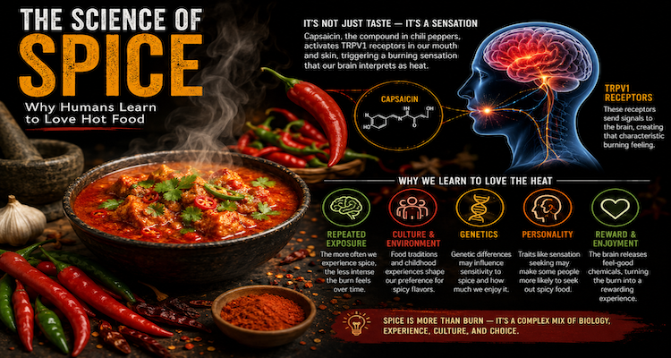 Colorful chili peppers and a steaming bowl of spicy food illustrating the sensory science and cultural appeal of hot flavors.
