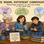 Family members of different generations sitting together while using smartphones and discussing digital communication.