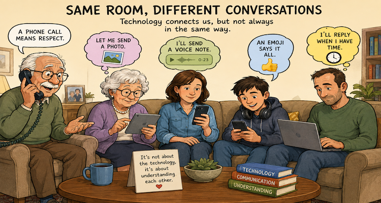 Family members of different generations sitting together while using smartphones and discussing digital communication.