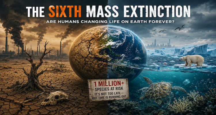 Illustration of diverse wildlife and ecosystems under pressure from habitat loss, climate change and human development, representing the global biodiversity crisis.