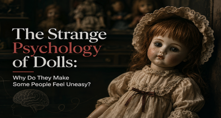 A realistic porcelain doll with glass eyes sitting in a dimly lit room, illustrating the psychological unease associated with humanlike dolls.