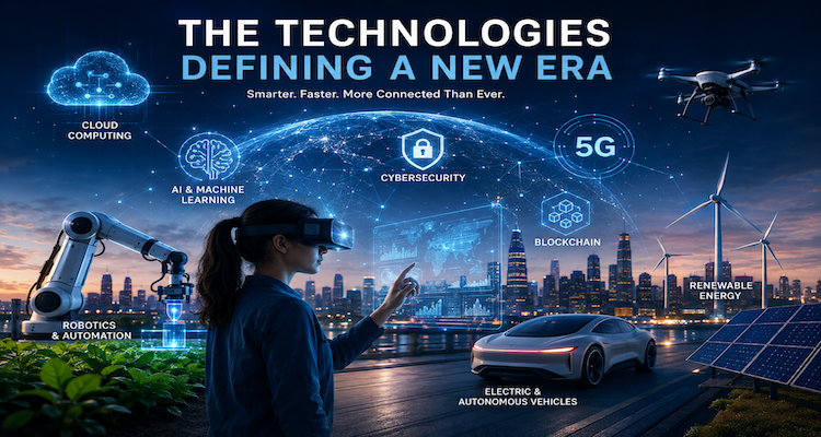 Conceptual illustration showing AI, robotics, semiconductor chips, clean energy, biotechnology and quantum technology converging into one interconnected system