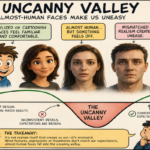 A near-human digital face with realistic features and subtly artificial eyes illustrating the uncanny valley effect.