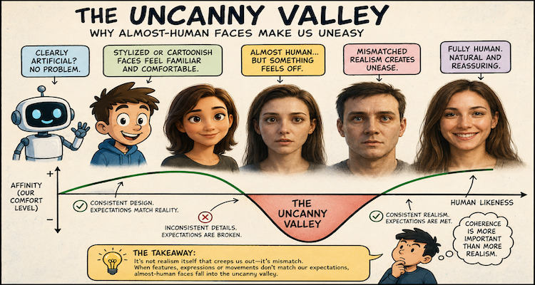 A near-human digital face with realistic features and subtly artificial eyes illustrating the uncanny valley effect.