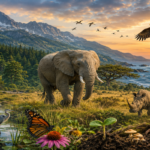 Wild elephant moving through a natural grassland surrounded by diverse vegetation and distant forest