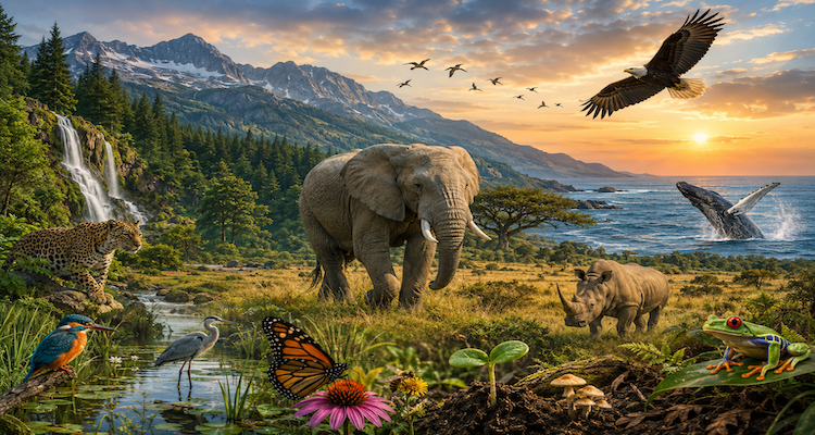 Wild elephant moving through a natural grassland surrounded by diverse vegetation and distant forest