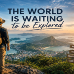Traveler standing on a scenic viewpoint overlooking a vast landscape, representing curiosity, exploration, and responsible travel.