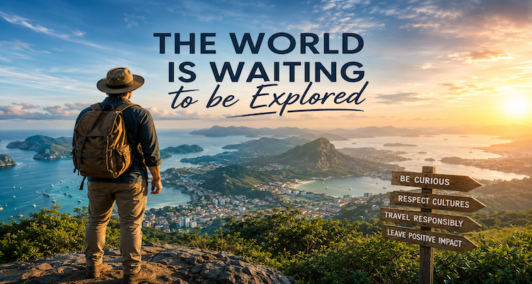 Traveler standing on a scenic viewpoint overlooking a vast landscape, representing curiosity, exploration, and responsible travel.