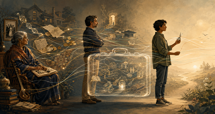 A family across three generations surrounded by symbols of DNA, books, cultural objects and financial documents representing invisible inheritance.