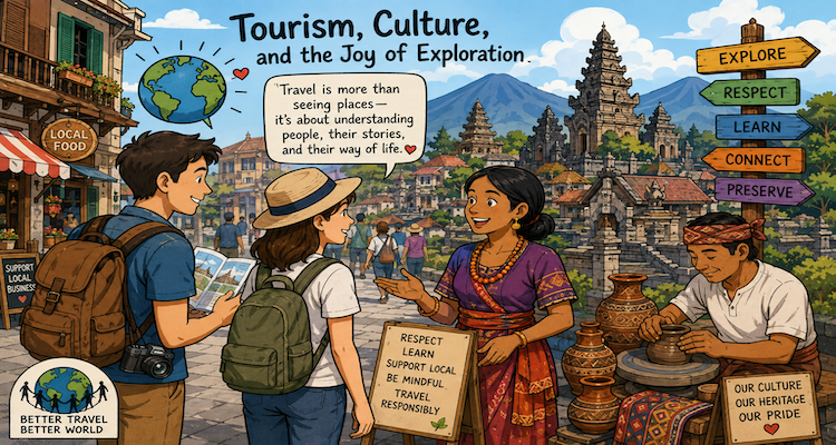Travelers exploring a historic cultural destination while experiencing local architecture, traditions, and community life.