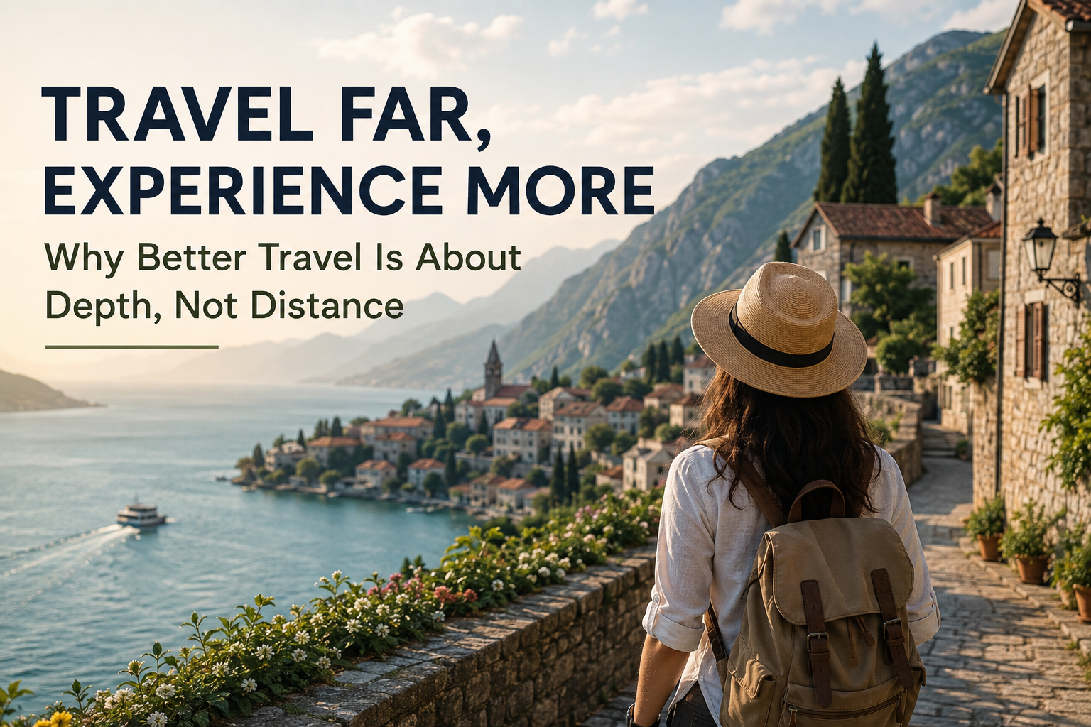 Traveller overlooking a scenic destination after exploring beyond crowded tourist areas, representing slower and more meaningful travel.