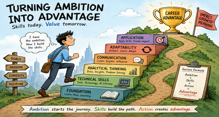 Professional building career skills by combining ambition, technology, AI literacy and human judgment